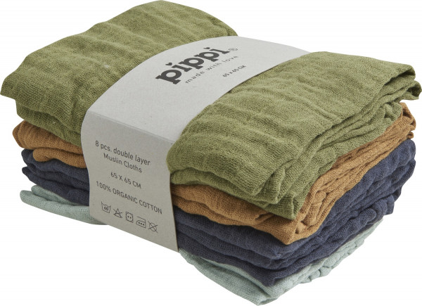 Pippi Babywear Kinder Windel Organic Muslin Cloth (8er Pack) Ombre Blue-65x65 cm