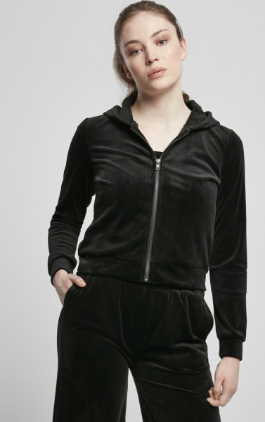 Urban Classics Damen Hoodie Ladies Short Velvet Zip Hoody Black